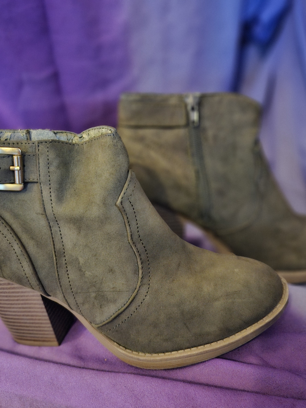 Soda Olive Taupe Suede-Look Ankle Booties with Buckle